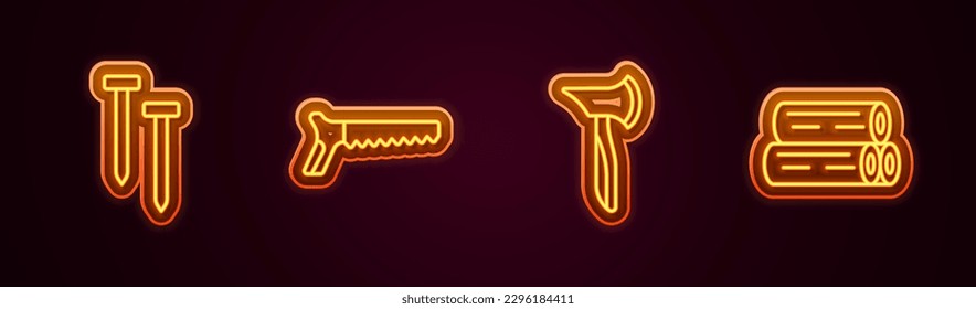 Set line Metallic nails, Hand saw, Wooden axe and log. Glowing neon icon. Vector