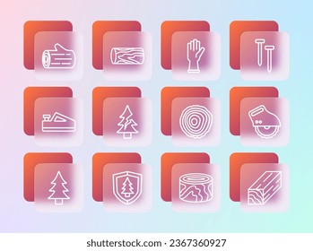 Set line Metallic nails, Shield with tree, Tree rings, Wooden logs, Protective gloves,  and  icon. Vector