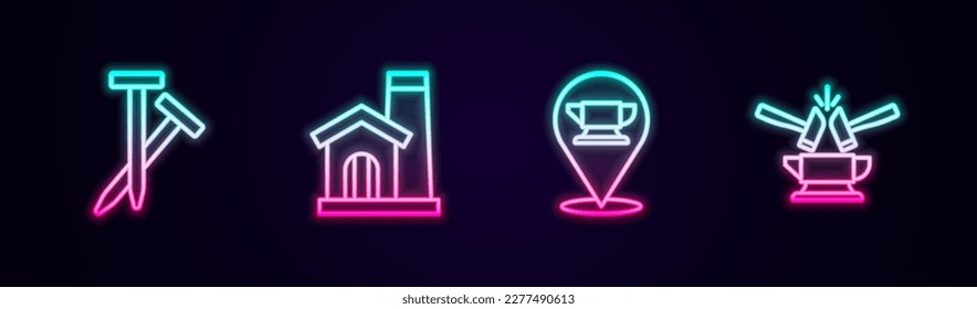 Set line Metallic nails, Smithy workshop interior, Blacksmith anvil tool and Anvil and hammer. Glowing neon icon. Vector