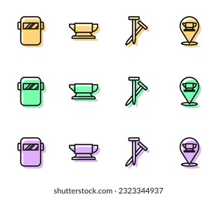 Set line Metallic nails, Welding mask, Blacksmith anvil tool and  icon. Vector