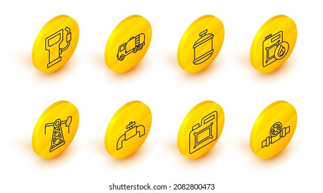 Set Line Metallic Pipes And Valve, Canister For Motor Oil, Oil Pump Pump Jack, Propane Gas Tank, Tanker Truck And Petrol Station Icon. Vector