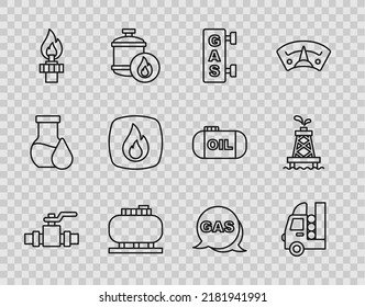 Die Linie Metallische Rohre und Ventile, Gasbehälter für das Fahrzeug, Tankstelle, Ölspeicher, Brandriege, Brandflamme, Ortsgas und Icon. Vektorgrafik