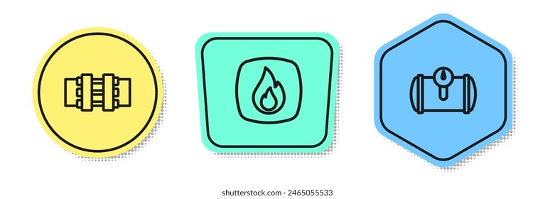 Set line Metallic pipes and valve, Fire flame and Gas tank for vehicle. Colored shapes. Vector