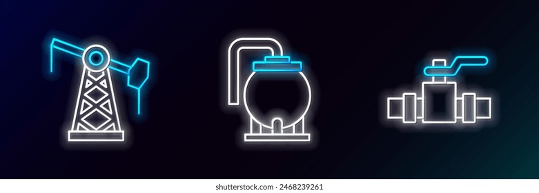 Ajuste la línea de tubos metálicos y válvula, bomba de aceite o gato de bomba y depósito de almacenamiento icono. Neón brillante. Vector