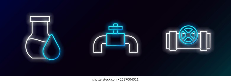 Set line Metallic pipes and valve, Oil petrol test tube and  icon. Glowing neon. Vector