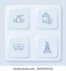 Set line Metallic pipes and valve, Propane gas tank, Motor gauge and Oil rig. White square button. Vector