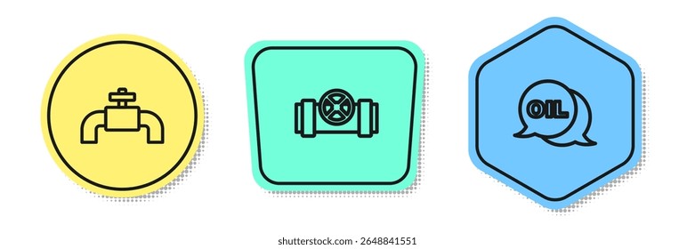 Set line Metallic pipes and valve,  and Word oil. Colored shapes. Vector