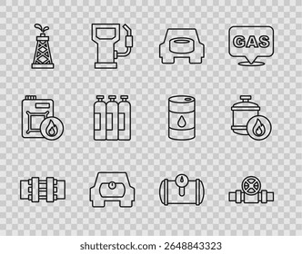 Set line Metallic pipes and valve, Spare wheel in the car, Gas tank for vehicle, Oil rig, Industrial gas cylinder,  and Propane icon. Vector