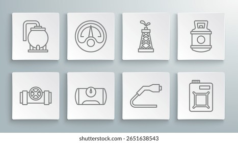 Set line Metallic pipes and valve, Motor gas gauge, Gas tank for vehicle, Electrical cable plug charging, Canister motor oil, Oil rig, Propane and storage icon. Vector
