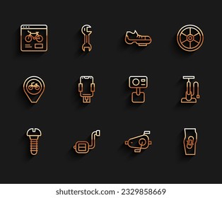 Set line Metallic screw, Bicycle pedal, rental mobile app, pedals, Plaster on leg, Mobile holder, air pump and Action extreme camera icon. Vector