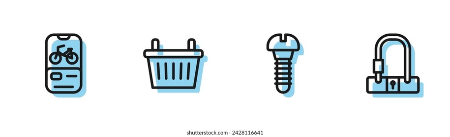 Set line Metallic screw, Bicycle rental mobile app, basket and lock icon. Vector