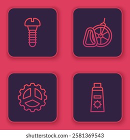 Set line Metallic screw, Bicycle sprocket crank, parking and Sunscreen cream tube. Blue square button. Vector