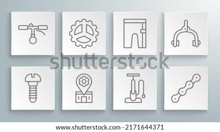 Set line Metallic screw, Bicycle sprocket crank, repair service, pump, chain, Cycling shorts, brake calipers and handlebar icon. Vector