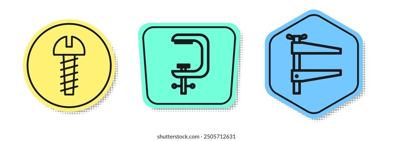 Set line Metallic screw, Clamp and screw tool and Clamp tool. Colored shapes. Vector