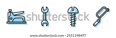 Set line Metallic screw, Construction stapler, Wrench spanner and Hacksaw icon. Vector