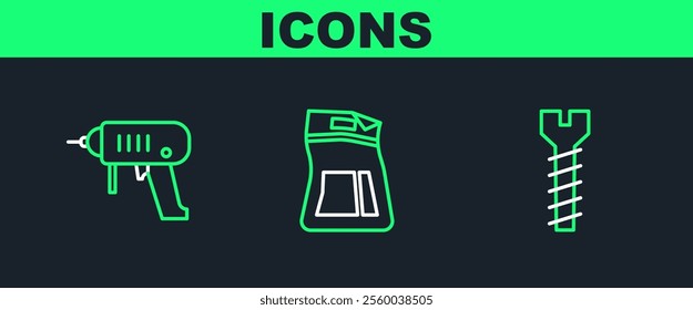 Set line Metallic screw, Electric drill machine and Cement bag icon. Vector