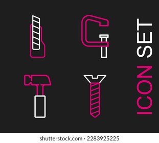 Set line Metallic screw, Hammer, Clamp and tool and Stationery knife icon. Vector