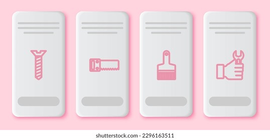 Set line Metallic screw, Hand saw, Paint brush and Wrench spanner. White rectangle button. Vector