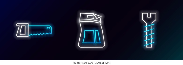 Set line Metallic screw, Hand saw and Cement bag icon. Glowing neon. Vector