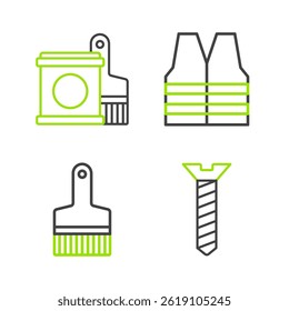 Set line Metallic screw, Paint brush, Safety vest and bucket and icon. Vector