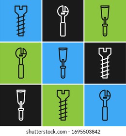 Set line Metallic screw, Putty knife and Adjustable wrench icon. Vector