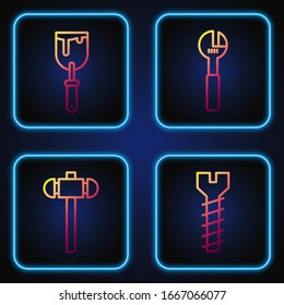 Set line Metallic screw, Sledgehammer, Putty knife and Adjustable wrench. Gradient color icons. Vector