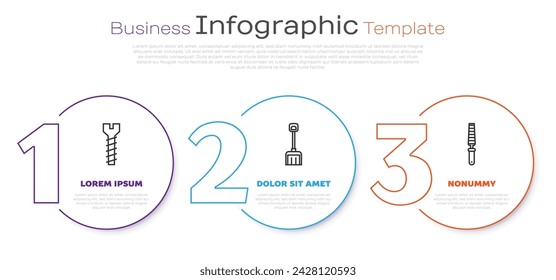 Set line Metallschraube, Schneeschaufel und Meißel Werkzeug für Holz. Vorlage für Geschäftsinfografien. Vektor