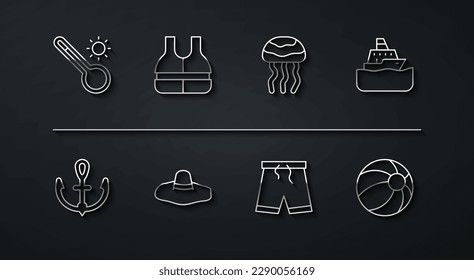 Set line Meteorology thermometer, Anchor, Cruise ship, Swimming trunks, Elegant women hat, Life jacket, Beach ball and Jellyfish icon. Vector