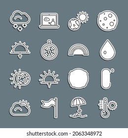 Set line Meteorology thermometer, Celsius, Water drop, Earth globe and sun, Compass, Sunset, Cloud with snow and Rainbow icon. Vector