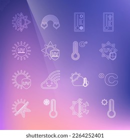 Setzen Sie die Linie Meteorologie Thermometer, Celsius, UV-Schutz, Sonne und Schneeflocke und Symbol. Vektorgrafik