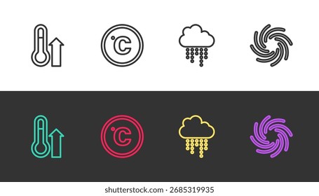 Definir linha Termômetro de meteorologia, Celsius, Nuvem com chuva e Tornado em preto e branco. Vetor