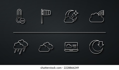 Set line Meteorology thermometer, Cloud with rain, Rainbow clouds, Weather forecast, Cone windsock wind vane, Moon and moon icon. Vector