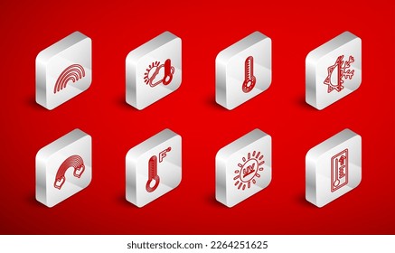 Set line Meteorology thermometer, Thermometer and cloud, sun, Sun snowflake, UV protection, Rainbow,  and with heart icon. Vector