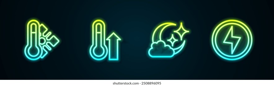 Set line Meteorology thermometer, , Cloud with moon and Lightning bolt. Glowing neon icon. Vector