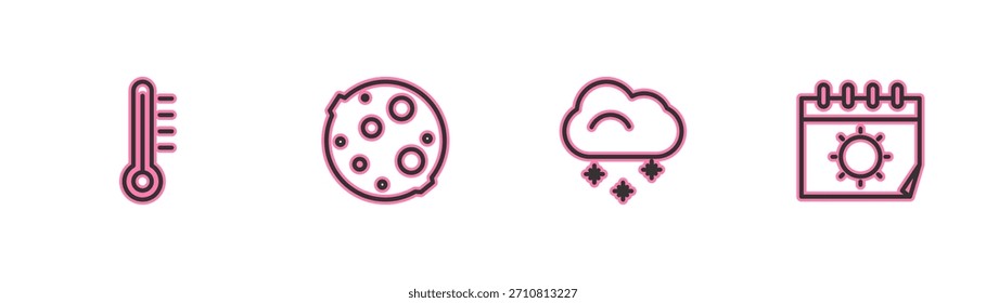 Set line Meteorology thermometer, Cloud with snow, Moon and Calendar and sun icon. Vector