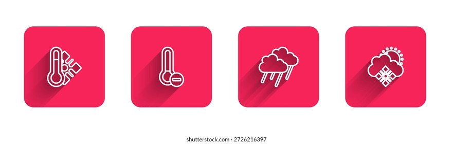 Set line Meteorology thermometer, , Cloud with rain and snow and sun with long shadow. Red square button. Vector