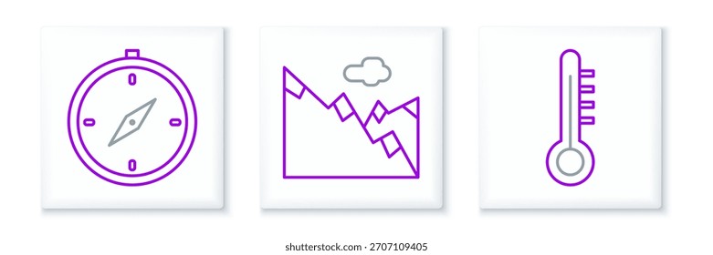 Fije el termómetro de la línea de la meteorología, brújula y el icono de las montañas. Vector