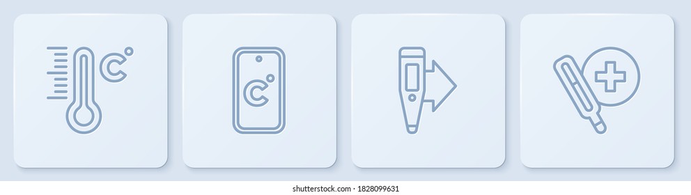 Set line Meteorology thermometer, Digital, Celsius and Medical. White square button. Vector