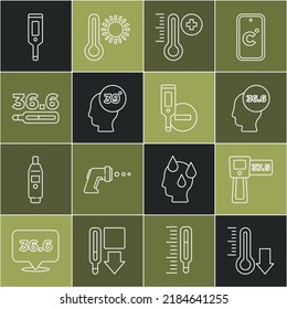 Fijar línea Termómetro de meteorología, Digital, Médico, Alta temperatura corporal humana e icono. Vector