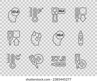 Set line Meteorology thermometer, Digital, High human body temperature, Medical and  icon. Vector