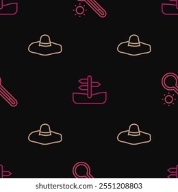 Set line Meteorology thermometer, Elegant women hat and Road traffic sign on seamless pattern. Vector