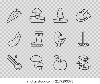 Línea Termómetro de meteorología, hojas de hoja, árbol, hongos, zanja, funda de goma impermeable, Apple y icono de rastrillo de jardín. Vector