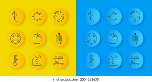 Set line Meteorology thermometer, Lifebuoy, Cooler bag and water, Sunbed umbrella, Suitcase, Kite, Beach ball and  icon. Vector