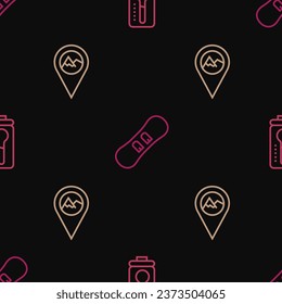 Set line Meteorology thermometer, Location with mountain and Snowboard on seamless pattern. Vector