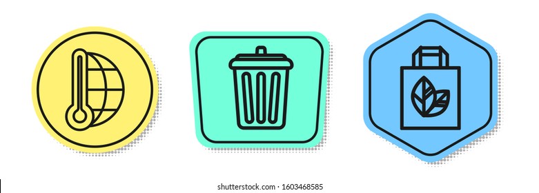 Set line Meteorology thermometer measuring, Trash can and Paper shopping bag with recycle. Colored shapes. Vector