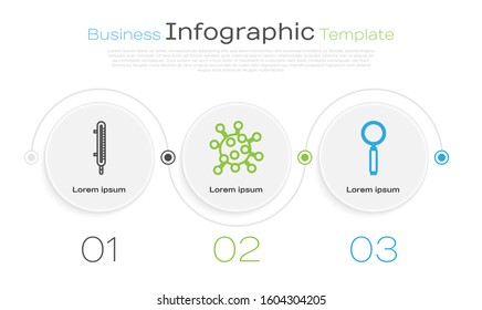 Set line Meteorology thermometer measuring, Bacteria and Magnifying glass. Business infographic template. Vector