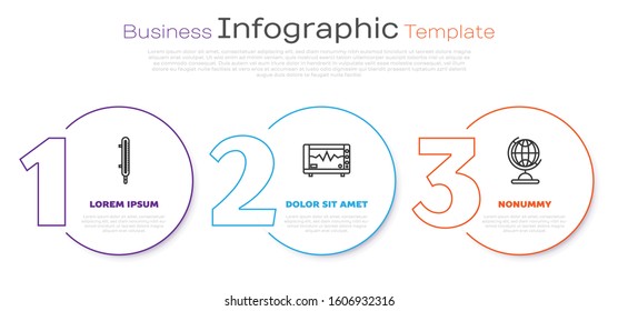 Set line Meteorology thermometer measuring, Computer monitor with cardiogram and Earth globe. Business infographic template. Vector