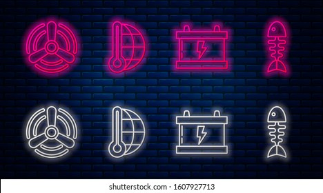 Set line Meteorology thermometer measuring, Car battery, Wind turbine and Fish skeleton. Glowing neon icon on brick wall. Vector