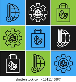 Set line Meteorology thermometer measuring, Paper shopping bag with recycle and Recycle symbol and gear icon. Vector