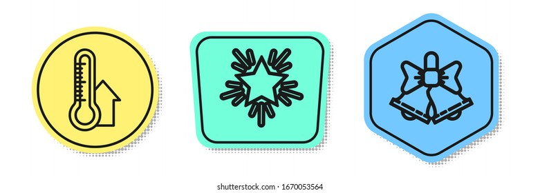 Set line Meteorology thermometer measuring, Christmas star and Merry Christmas ringing bell. Colored shapes. Vector